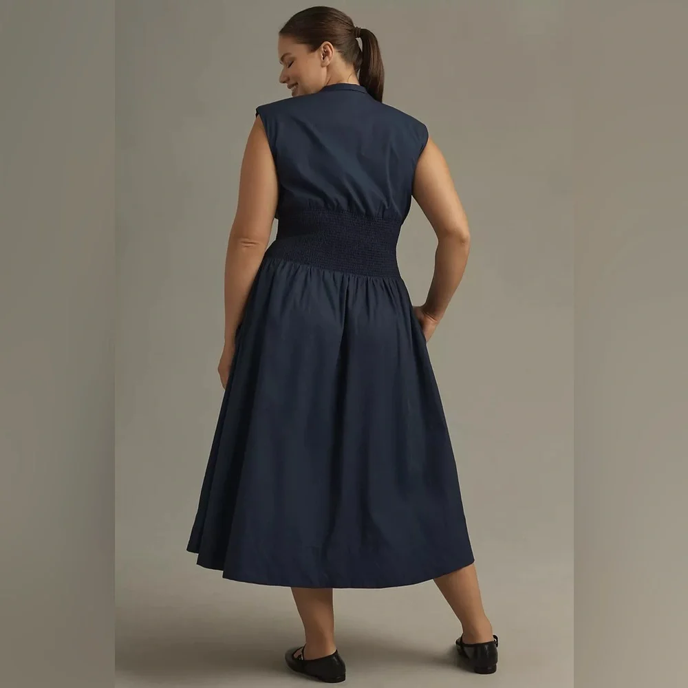 Anthropologie The Tommie Cap-Sleeve Smocked Front-Zip Shirt Midi Dress - Picture 2 of 5